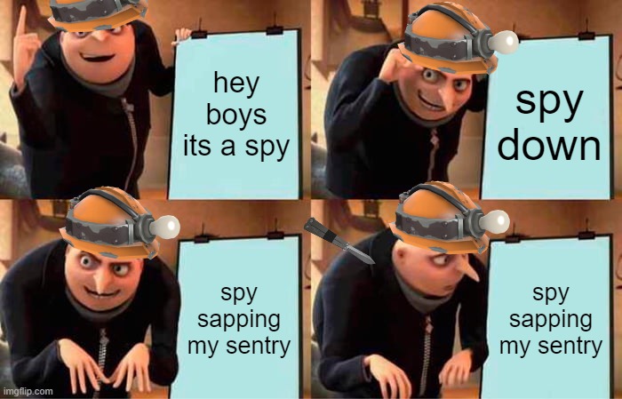 dead ringer ? | hey boys its a spy; spy down; spy sapping my sentry; spy sapping my sentry | image tagged in memes,gru's plan,tf2 engineer | made w/ Imgflip meme maker