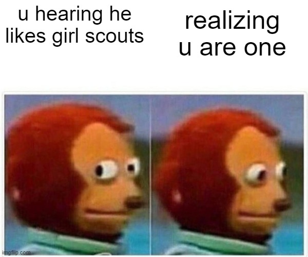 Monkey Puppet Meme | u hearing he likes girl scouts realizing u are one | image tagged in memes,monkey puppet | made w/ Imgflip meme maker