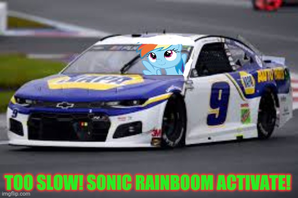 Rainbow Dash tries out for Nascar! |  TOO SLOW! SONIC RAINBOOM ACTIVATE! | image tagged in rainbow dash,mlp,nascar,gotta go fast,extreme sports | made w/ Imgflip meme maker