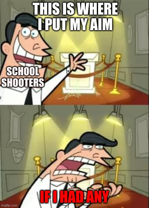 OOP |  THIS IS WHERE I PUT MY AIM; SCHOOL SHOOTERS; IF I HAD ANY | image tagged in memes,this is where i'd put my trophy if i had one | made w/ Imgflip meme maker