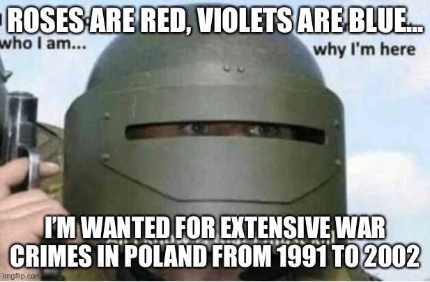 R u n . | ROSES ARE RED, VIOLETS ARE BLUE... I’M WANTED FOR EXTENSIVE WAR CRIMES IN POLAND FROM 1991 TO 2002 | image tagged in all i know is that i must kill bottom panel | made w/ Imgflip meme maker