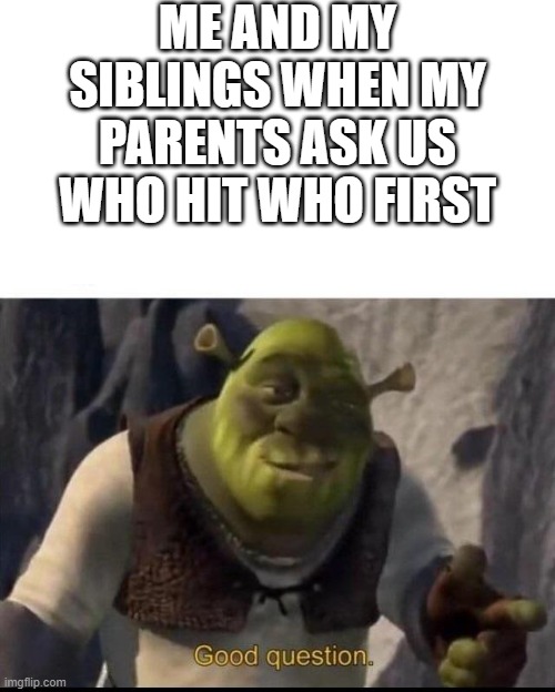 Good question...... | ME AND MY SIBLINGS WHEN MY PARENTS ASK US WHO HIT WHO FIRST | image tagged in shrek,good question | made w/ Imgflip meme maker