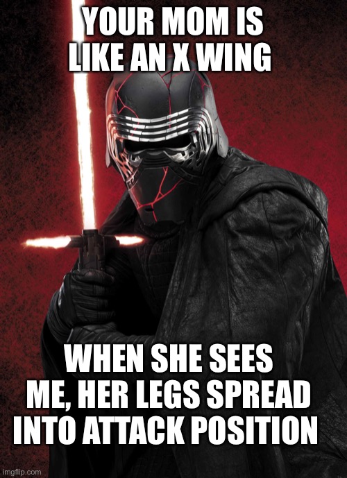 Yo mamma | YOUR MOM IS LIKE AN X WING; WHEN SHE SEES ME, HER LEGS SPREAD INTO ATTACK POSITION | image tagged in funny | made w/ Imgflip meme maker