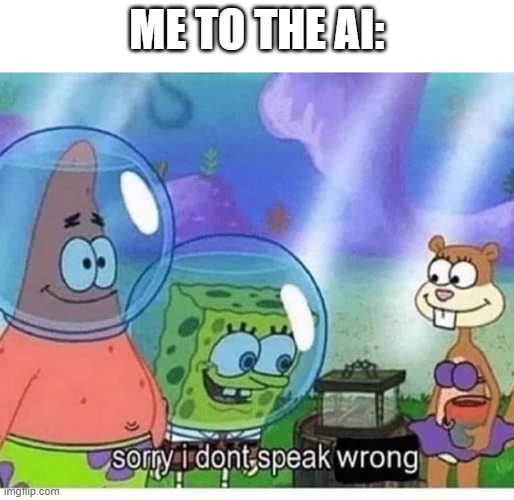 sorry i dont speak wrong | ME TO THE AI: | image tagged in sorry i dont speak wrong | made w/ Imgflip meme maker