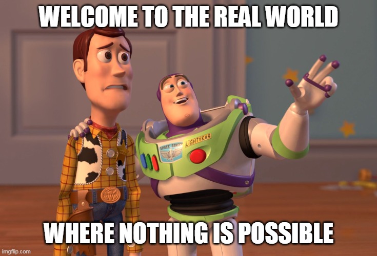 X, X Everywhere Meme | WELCOME TO THE REAL WORLD; WHERE NOTHING IS POSSIBLE | image tagged in memes,x x everywhere,toy story | made w/ Imgflip meme maker