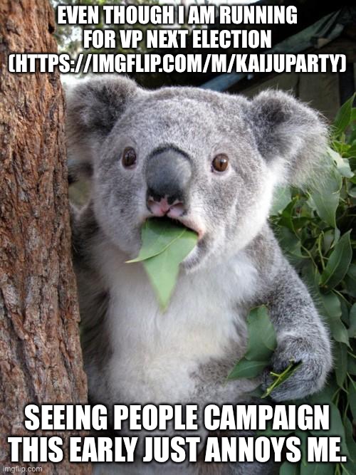 Surprised Koala | EVEN THOUGH I AM RUNNING FOR VP NEXT ELECTION (HTTPS://IMGFLIP.COM/M/KAIJUPARTY); SEEING PEOPLE CAMPAIGN THIS EARLY JUST ANNOYS ME. | image tagged in memes,surprised koala | made w/ Imgflip meme maker