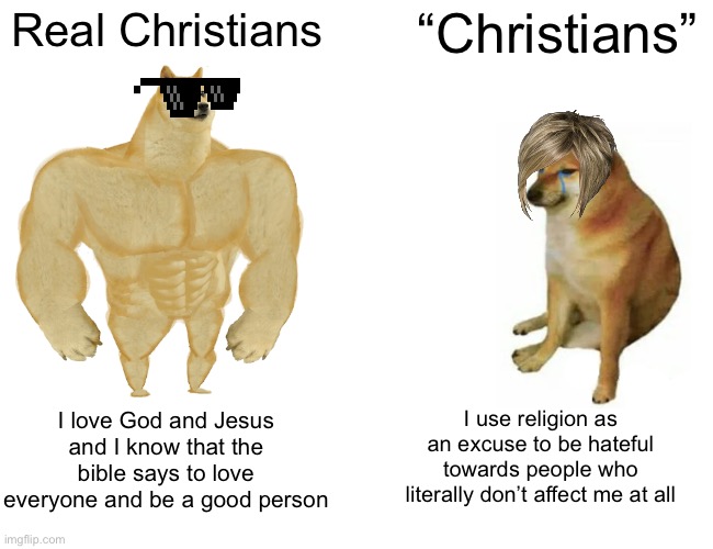 Buff Doge vs. Cheems | Real Christians; “Christians”; I use religion as an excuse to be hateful towards people who literally don’t affect me at all; I love God and Jesus and I know that the bible says to love everyone and be a good person | image tagged in memes,buff doge vs cheems,christians,lgbtq,homophobia | made w/ Imgflip meme maker