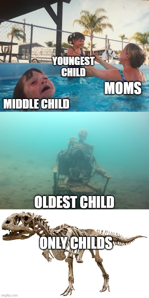 why havent i ever seen a only child meme? | YOUNGEST CHILD; MOMS; MIDDLE CHILD; OLDEST CHILD; ONLY CHILDS | image tagged in swimming pool kids,siblings,lonely | made w/ Imgflip meme maker
