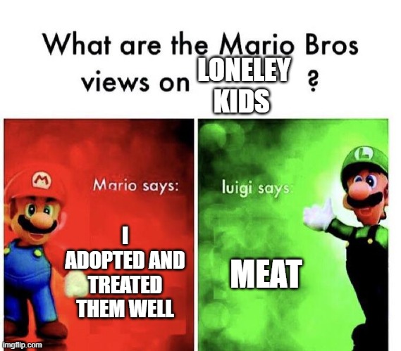 Mario Bros Views | LONELEY KIDS; I ADOPTED AND TREATED THEM WELL; MEAT | image tagged in mario bros views | made w/ Imgflip meme maker