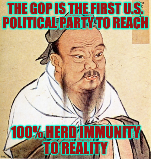 This is your Miracle Year. | THE GOP IS THE FIRST U.S.
POLITICAL PARTY TO REACH; 100% HERD IMMUNITY
TO REALITY | image tagged in confucius says,memes,gop,herd immunity,miracle year,politics | made w/ Imgflip meme maker