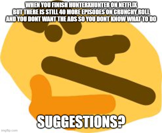 help me think | WHEN YOU FINISH HUNTERXHUNTER ON NETFLIX BUT THERE IS STILL 40 MORE EPISODES ON CRUNCHY ROLL AND YOU DONT WANT THE ADS SO YOU DONT KNOW WHAT TO DO; SUGGESTIONS? | image tagged in thonk | made w/ Imgflip meme maker