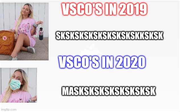 VSCO's in 2020 | VSCO'S IN 2019; SKSKSKSKSKSKSKSKSKKSKSK; VSCO'S IN 2020; MASKSKSKSKSKSKSKSK | image tagged in vsco,masks,vsco girls,meme,memes,covid | made w/ Imgflip meme maker