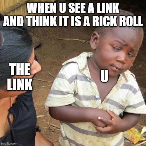 HmMmMMmMmMmmM | WHEN U SEE A LINK AND THINK IT IS A RICK ROLL; THE LINK; U | image tagged in memes,third world skeptical kid | made w/ Imgflip meme maker