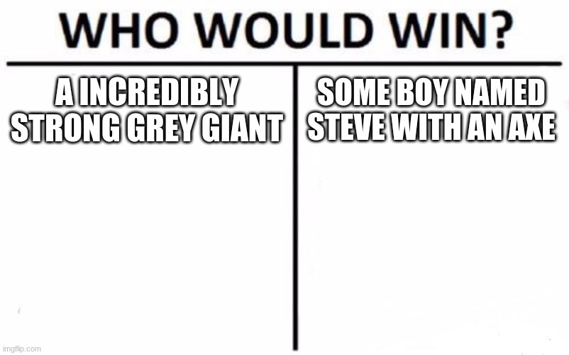 Who Would Win? | A INCREDIBLY STRONG GREY GIANT; SOME BOY NAMED STEVE WITH AN AXE | image tagged in memes,who would win | made w/ Imgflip meme maker