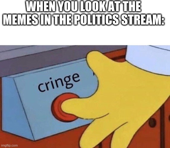 WHEN YOU LOOK AT THE MEMES IN THE POLITICS STREAM: | image tagged in memes,blank transparent square,cringe button | made w/ Imgflip meme maker