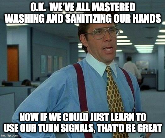 That Would Be Great | O.K.  WE'VE ALL MASTERED WASHING AND SANITIZING OUR HANDS; NOW IF WE COULD JUST LEARN TO USE OUR TURN SIGNALS, THAT'D BE GREAT | image tagged in memes,that would be great | made w/ Imgflip meme maker