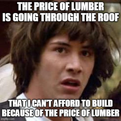 Conspiracy Keanu | THE PRICE OF LUMBER IS GOING THROUGH THE ROOF; THAT I CAN'T AFFORD TO BUILD BECAUSE OF THE PRICE OF LUMBER | image tagged in memes,conspiracy keanu,lumber,construction,trees,wood | made w/ Imgflip meme maker