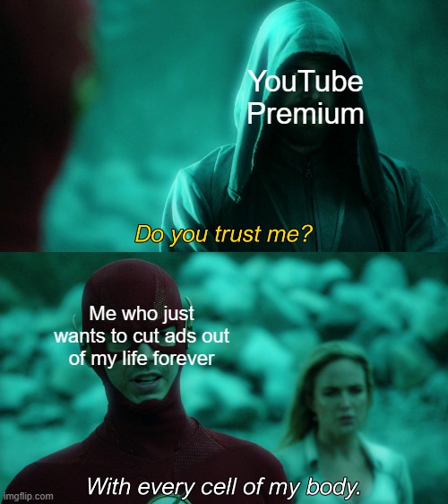 Do You Trust Me? |  YouTube Premium; Me who just wants to cut ads out of my life forever | image tagged in do you trust me,the flash,youtube,ads,dc,superbowl | made w/ Imgflip meme maker