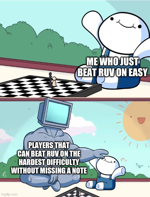 odd1sout vs computer chess | ME WHO JUST BEAT RUV ON EASY; PLAYERS THAT CAN BEAT RUV ON THE HARDEST DIFFICULTY WITHOUT MISSING A NOTE | image tagged in odd1sout vs computer chess | made w/ Imgflip meme maker