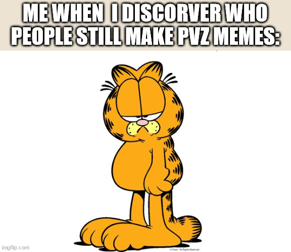 garfield is mad | ME WHEN  I DISCORVER WHO PEOPLE STILL MAKE PVZ MEMES: | image tagged in grumpy garfield | made w/ Imgflip meme maker