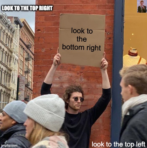 Guy Holding Cardboard Sign Meme |  LOOK TO THE TOP RIGHT; look to the bottom right; look to the top left | image tagged in memes,guy holding cardboard sign | made w/ Imgflip meme maker