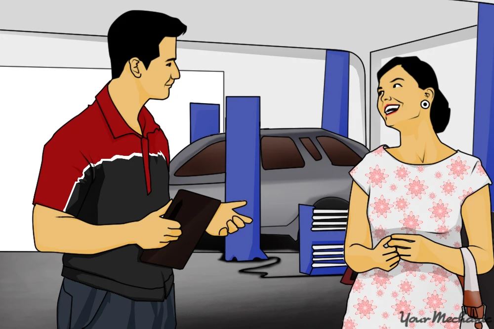 WOMAN TALKS TO MECHANIC Blank Meme Template