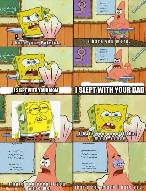 I HATE YOU TOO |  I SLEPT WITH YOUR DAD; I SLEPT WITH YOUR MOM | image tagged in spongebob and patrick,fighting | made w/ Imgflip meme maker
