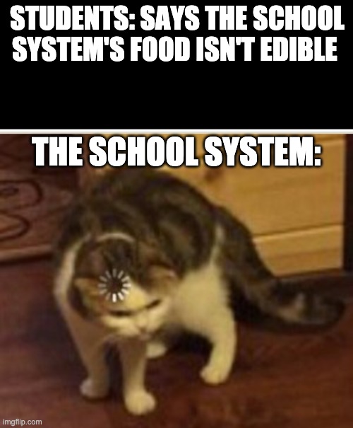 STUDENTS: SAYS THE SCHOOL SYSTEM'S FOOD ISN'T EDIBLE; THE SCHOOL SYSTEM: | image tagged in loading cat | made w/ Imgflip meme maker