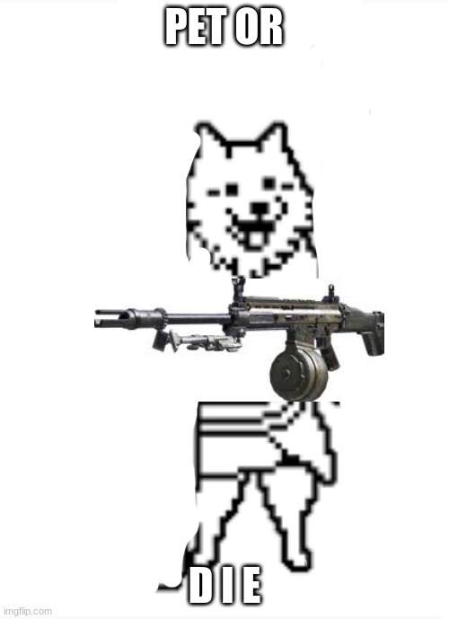 dog with a lmg | PET OR | image tagged in dog with a lmg | made w/ Imgflip meme maker