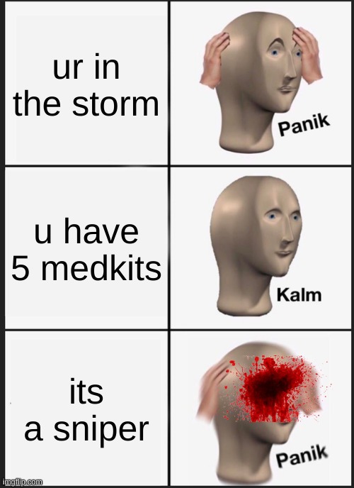 Panik Kalm Panik Meme | ur in the storm; u have 5 medkits; its a sniper | image tagged in memes,panik kalm panik | made w/ Imgflip meme maker