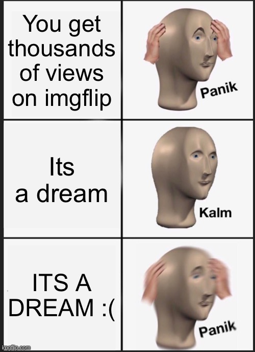 Imagine this happening | You get thousands of views on imgflip; Its a dream; ITS A DREAM :( | image tagged in memes,panik kalm panik | made w/ Imgflip meme maker