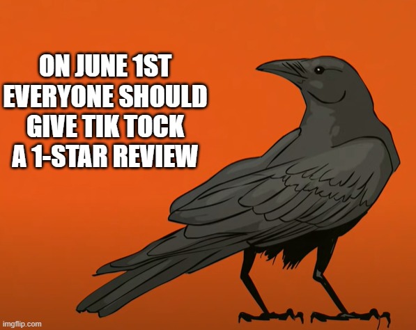 Mr crow has a idea | ON JUNE 1ST EVERYONE SHOULD GIVE TIK TOCK A 1-STAR REVIEW | image tagged in mr crow | made w/ Imgflip meme maker