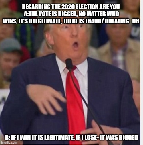 bamboo paper ballots | REGARDING THE 2020 ELECTION ARE YOU 

A:THE VOTE IS RIGGED, NO MATTER WHO WINS, IT'S ILLEGITIMATE, THERE IS FRAUD/ CHEATING   OR; B: IF I WIN IT IS LEGITIMATE, IF I LOSE- IT WAS RIGGED | image tagged in donald trump tho | made w/ Imgflip meme maker