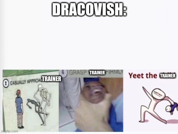 Casually Approach Child, Grasp Child Firmly, Yeet the Child | DRACOVISH: TRAINER TRAINER TRAINER | image tagged in casually approach child grasp child firmly yeet the child | made w/ Imgflip meme maker