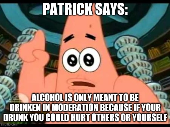 patrick says alcohol | PATRICK SAYS:; ALCOHOL IS ONLY MEANT TO BE DRINKEN IN MODERATION BECAUSE IF YOUR DRUNK YOU COULD HURT OTHERS OR YOURSELF | image tagged in memes,patrick says | made w/ Imgflip meme maker
