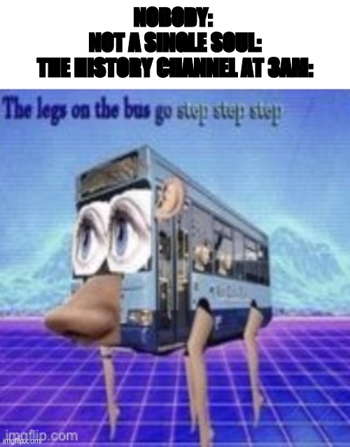 The legs on the bus go step step | NOBODY: 
NOT A SINGLE SOUL:
THE HISTORY CHANNEL AT 3AM: | image tagged in the legs on the bus go step step | made w/ Imgflip meme maker