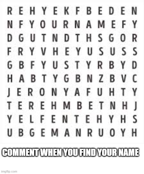 Find it! | COMMENT WHEN YOU FIND YOUR NAME | image tagged in blank white template | made w/ Imgflip meme maker