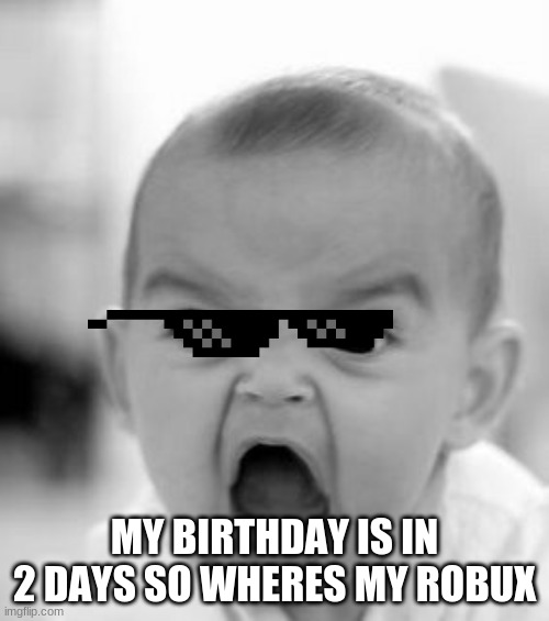 my b day in 2 days | MY BIRTHDAY IS IN 2 DAYS SO WHERES MY ROBUX | image tagged in memes,angry baby | made w/ Imgflip meme maker