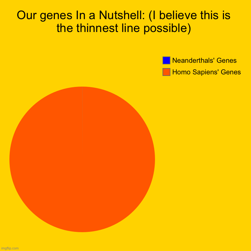 Our DNA in a nutshell | Our genes In a Nutshell: (I believe this is the thinnest line possible) | Homo Sapiens' Genes , Neanderthals' Genes | image tagged in charts,pie charts,dna,in a nutshell | made w/ Imgflip chart maker