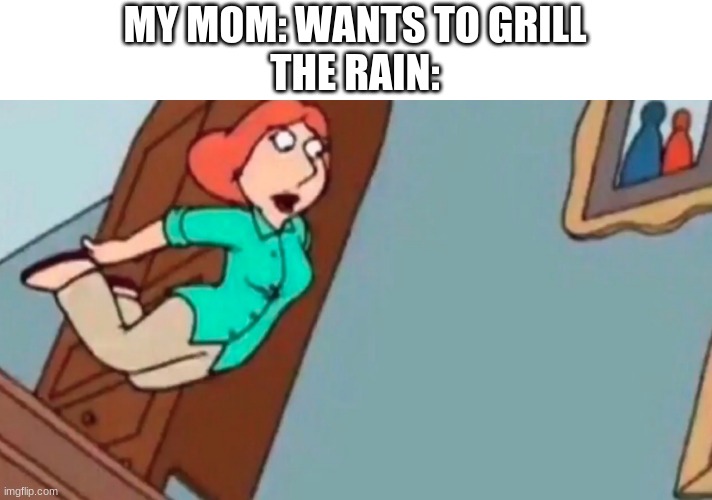 Lois falling down stairs | MY MOM: WANTS TO GRILL
THE RAIN: | image tagged in lois falling down stairs | made w/ Imgflip meme maker