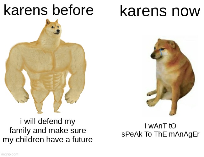 karens | karens before; karens now; i will defend my family and make sure my children have a future; I wAnT tO sPeAk To ThE mAnAgEr | image tagged in memes,buff doge vs cheems | made w/ Imgflip meme maker