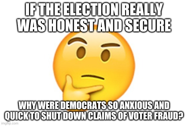 I Mean, Think About It. | IF THE ELECTION REALLY WAS HONEST AND SECURE; WHY WERE DEMOCRATS SO ANXIOUS AND QUICK TO SHUT DOWN CLAIMS OF VOTER FRAUD? | image tagged in thinking emoji | made w/ Imgflip meme maker