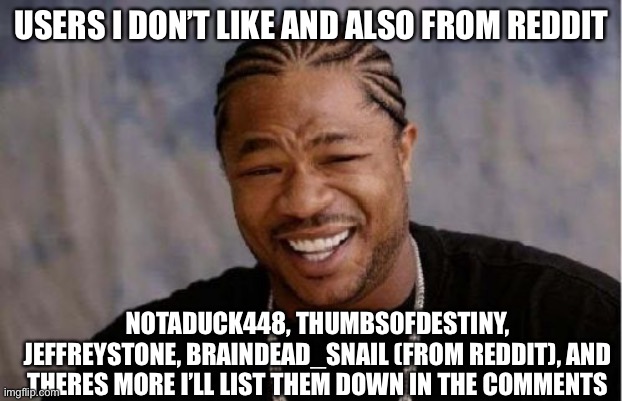 Yo Dawg Heard You | USERS I DON’T LIKE AND ALSO FROM REDDIT; NOTADUCK448, THUMBS0FDESTINY, JEFFREYSTONE, BRAINDEAD_SNAIL (FROM REDDIT), AND THERES MORE I’LL LIST THEM DOWN IN THE COMMENTS | image tagged in memes,yo dawg heard you | made w/ Imgflip meme maker