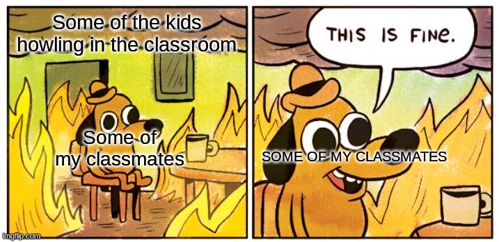 This Is Fine |  Some of the kids howling in the classroom; Some of my classmates; SOME OF MY CLASSMATES | image tagged in memes,this is fine,school,canada,novascotia,dog memes | made w/ Imgflip meme maker