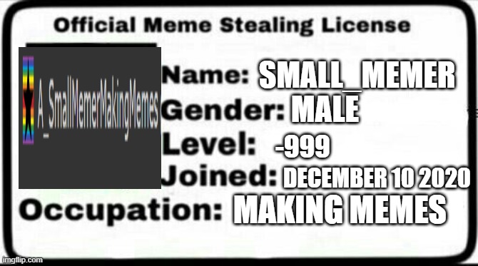 hehe.... | SMALL_MEMER; MALE; -999; DECEMBER 10 2020; MAKING MEMES | image tagged in meme stealing license | made w/ Imgflip meme maker