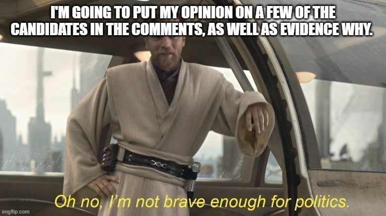 Oh no, I'm not brave enough for politics. | I'M GOING TO PUT MY OPINION ON A FEW OF THE CANDIDATES IN THE COMMENTS, AS WELL AS EVIDENCE WHY. | image tagged in oh no i'm not brave enough for politics | made w/ Imgflip meme maker