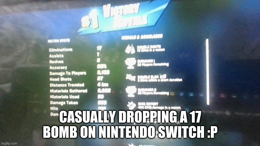 This is actually legit | CASUALLY DROPPING A 17 BOMB ON NINTENDO SWITCH :P | image tagged in fortnite | made w/ Imgflip meme maker