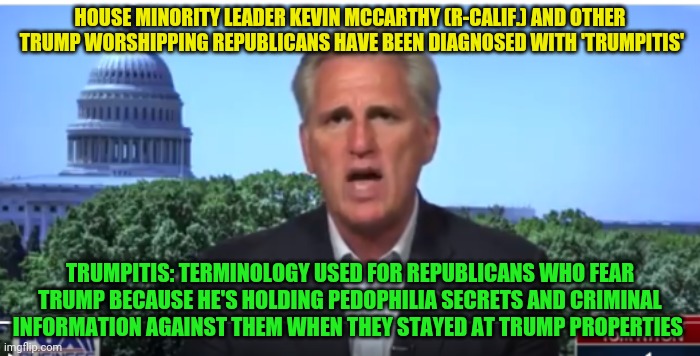 Kevin McCarthy | HOUSE MINORITY LEADER KEVIN MCCARTHY (R-CALIF.) AND OTHER  TRUMP WORSHIPPING REPUBLICANS HAVE BEEN DIAGNOSED WITH 'TRUMPITIS'; TRUMPITIS: TERMINOLOGY USED FOR REPUBLICANS WHO FEAR TRUMP BECAUSE HE'S HOLDING PEDOPHILIA SECRETS AND CRIMINAL INFORMATION AGAINST THEM WHEN THEY STAYED AT TRUMP PROPERTIES | image tagged in kevin mccarthy | made w/ Imgflip meme maker