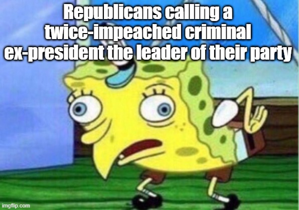 Republicans calling a twice-impeached criminal ex-president their leader. Bahahahaha | Republicans calling a twice-impeached criminal ex-president the leader of their party | image tagged in republicans,trump,impeachment,criminal,thief murderer,rapist | made w/ Imgflip meme maker