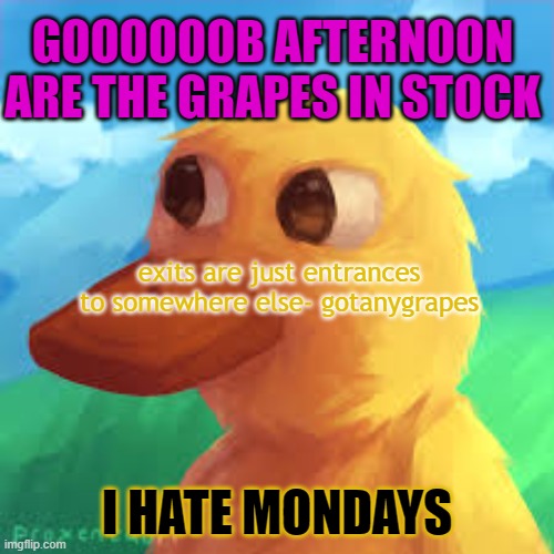 gooooooob afternoon | GOOOOOOB AFTERNOON ARE THE GRAPES IN STOCK; exits are just entrances to somewhere else- gotanygrapes; I HATE MONDAYS | image tagged in gotanygrapes | made w/ Imgflip meme maker